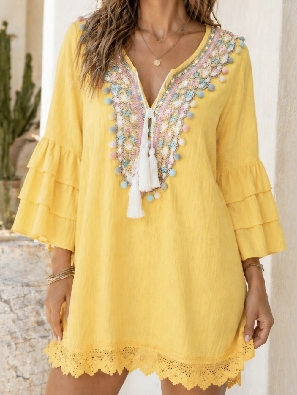 Yellow Boho Pom Pom Embroidered Tunic Lace Trim Tassel Tie Small Bell Sleeve